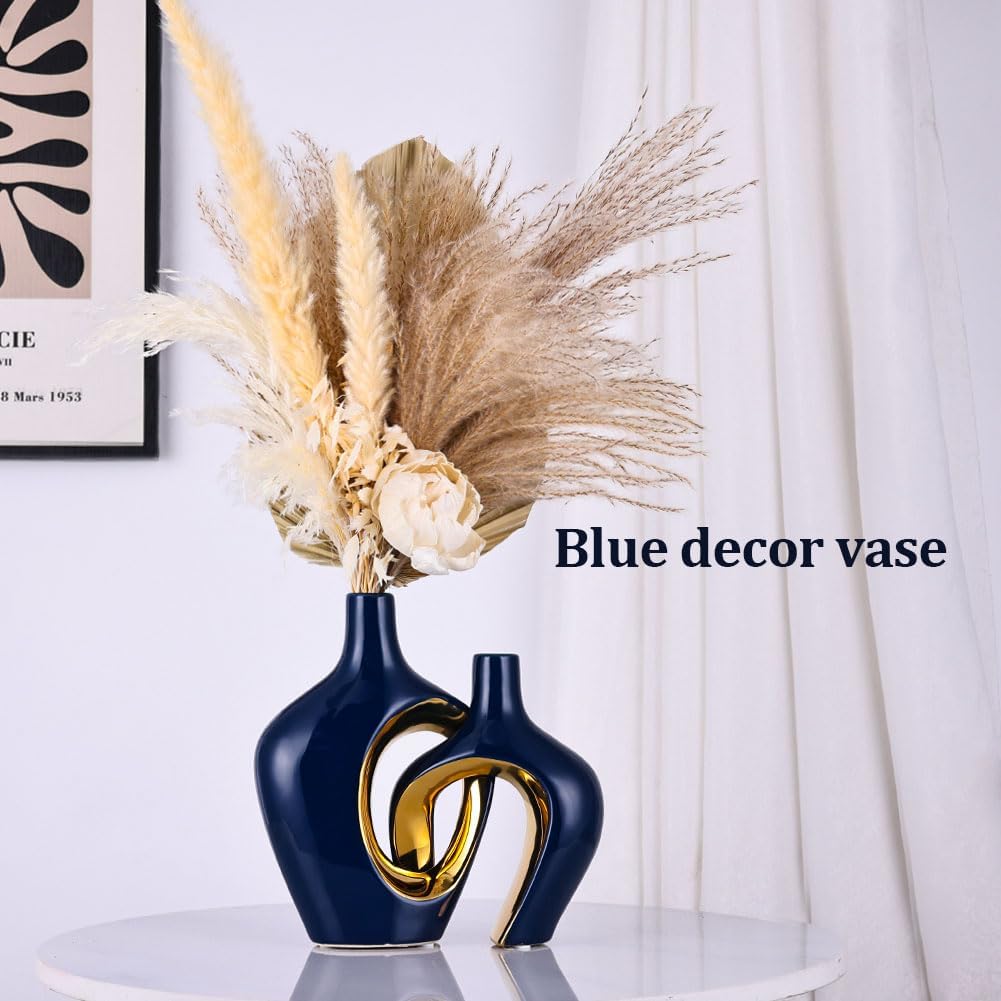 Blue Hollow Ceramic Vases Set of 2 - Modern Nordic Boho ins Style Vases for Decor, Decorative Pampas Grass Flower Vases for Wedding, Living Room, Office, Entrance, Dining Table Decor Centerpieces