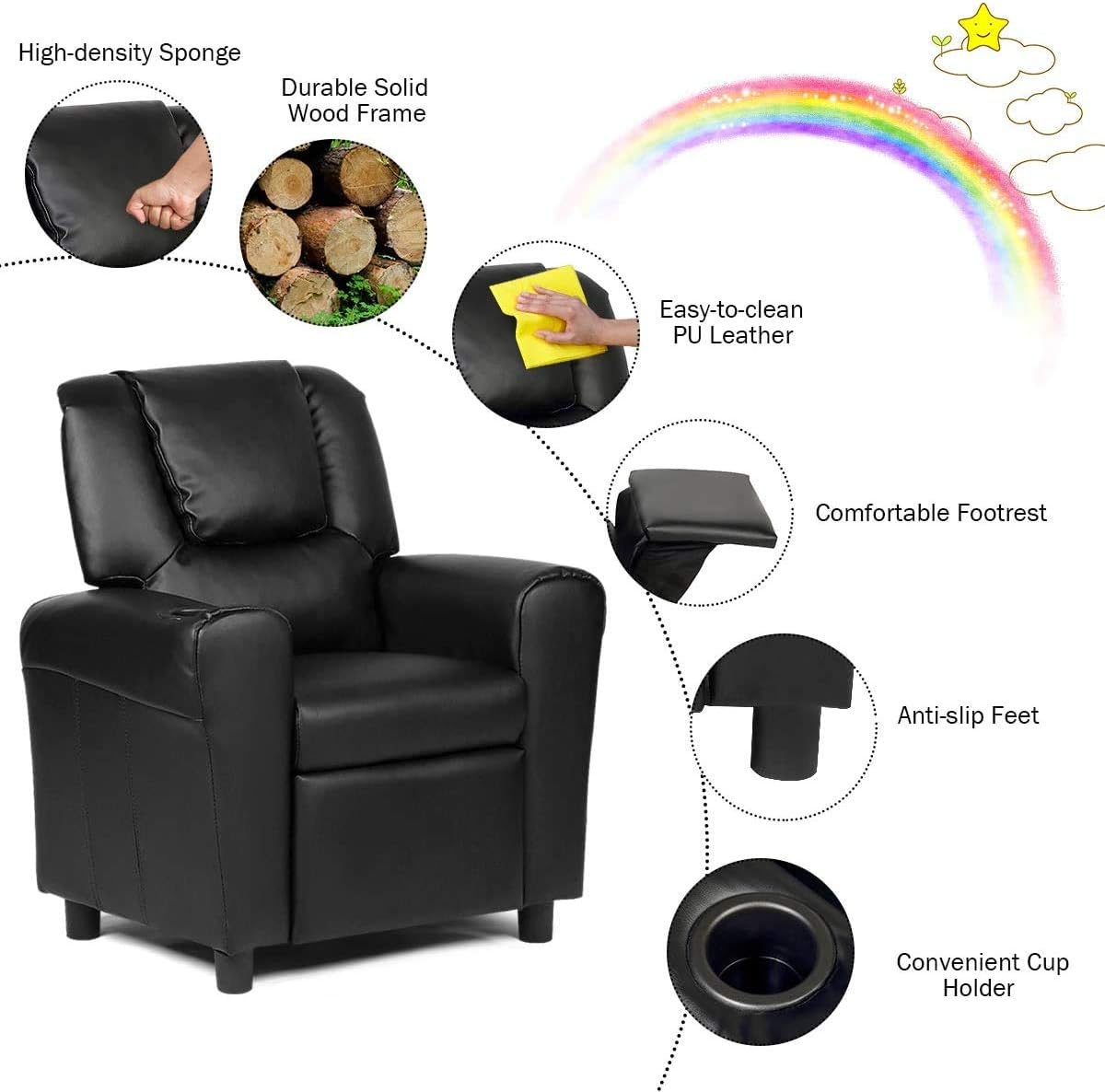 ARLIME Kids Recliner Chair, Toddler Armchair Upholstered Couch with Cup Holder, Backrest, Baby Leather Sofa with Headrest and Footrest, Child Furniture for Ages 2-7 (Black)