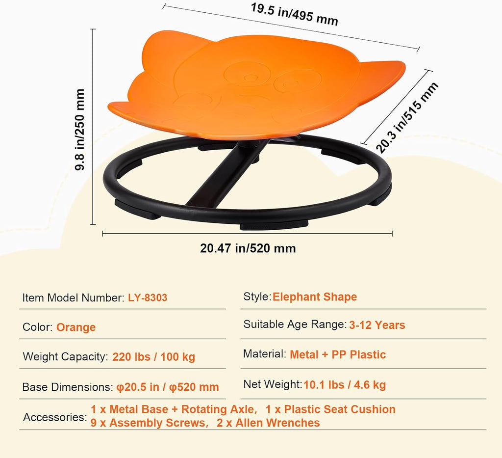 Elephant Swivel Chair, 220 LBS Capacity, 360° Spinning Chair, Autistic Sensory Toy Chair with Non Slip Metal Base, Toddler Sit and Spin Chair for Coordination Balance Focus Orange HB25