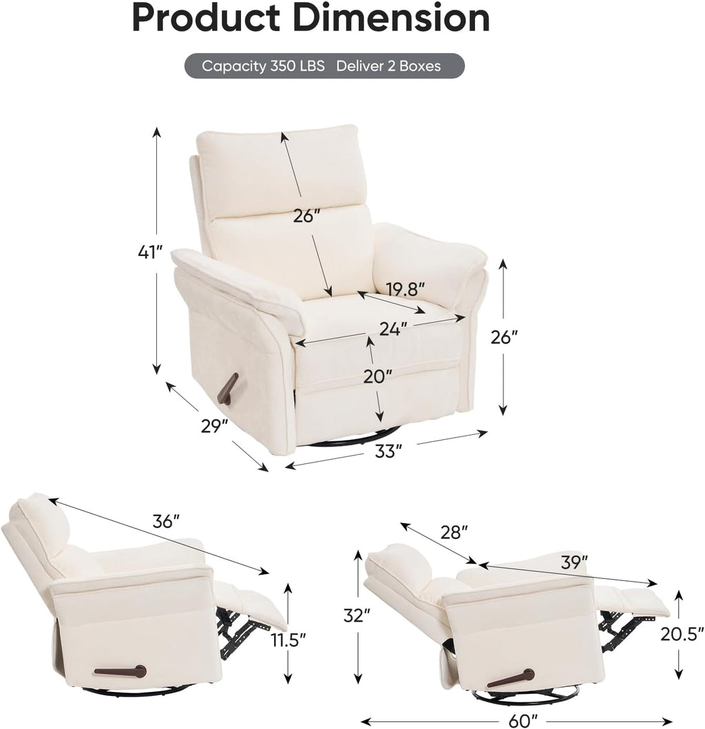 Rocking Chair Nursery with Adjustable Headrest,Manual Swivel Rocker Recliner Nursery Chair with Overstuffed Armrest,Glider Rocker Recliner for Living Room & Bedroom,White