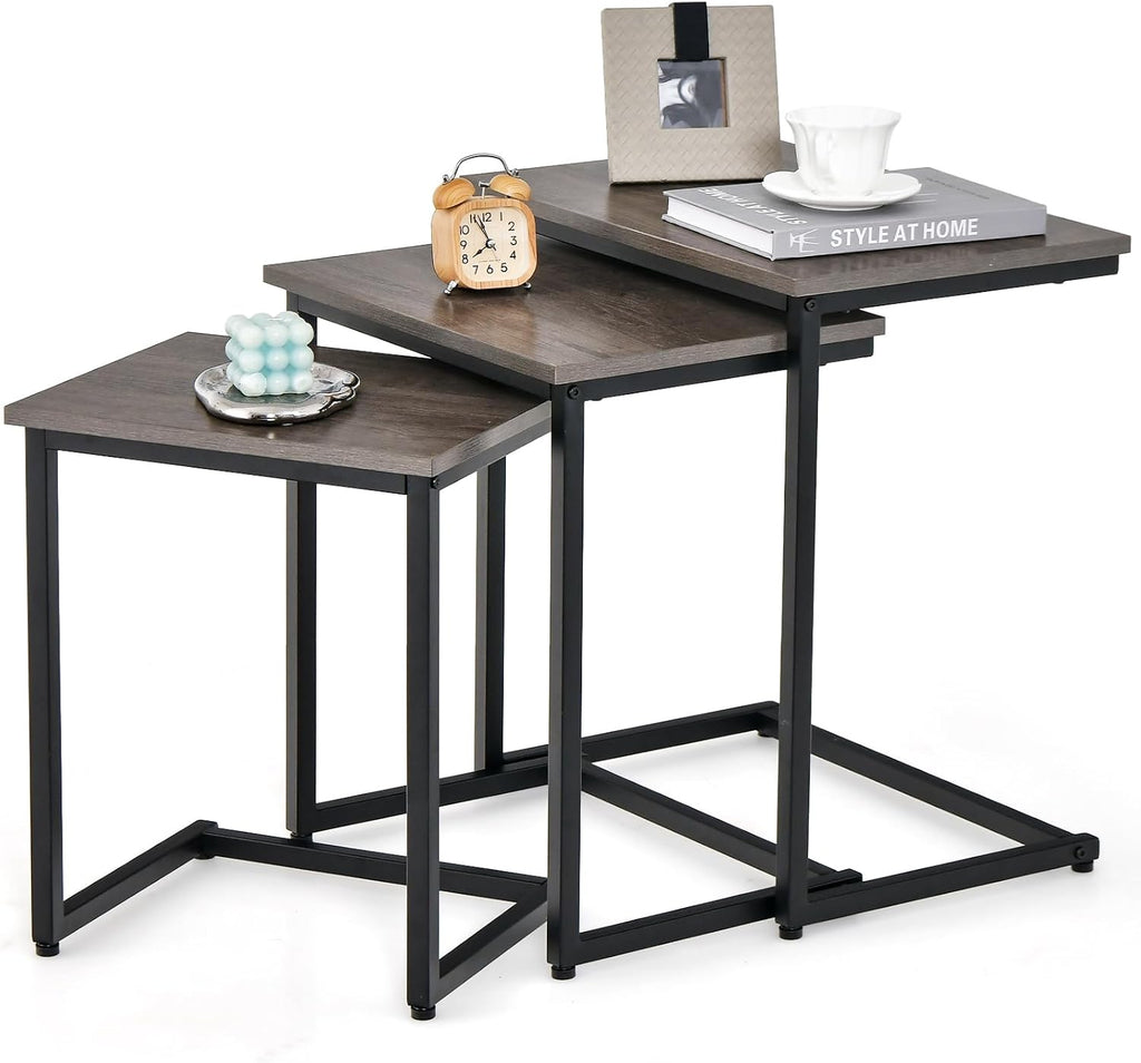 Tangkula Nesting Table Set of 3, Rectangle Stacking Side End Table w/Wood Top & Metal Legs, Adjustable Foot Pads, C-Shaped Accent Coffee Tables for Small Spaces, Living Room (C-Shaped, Gray, 3-pc)
