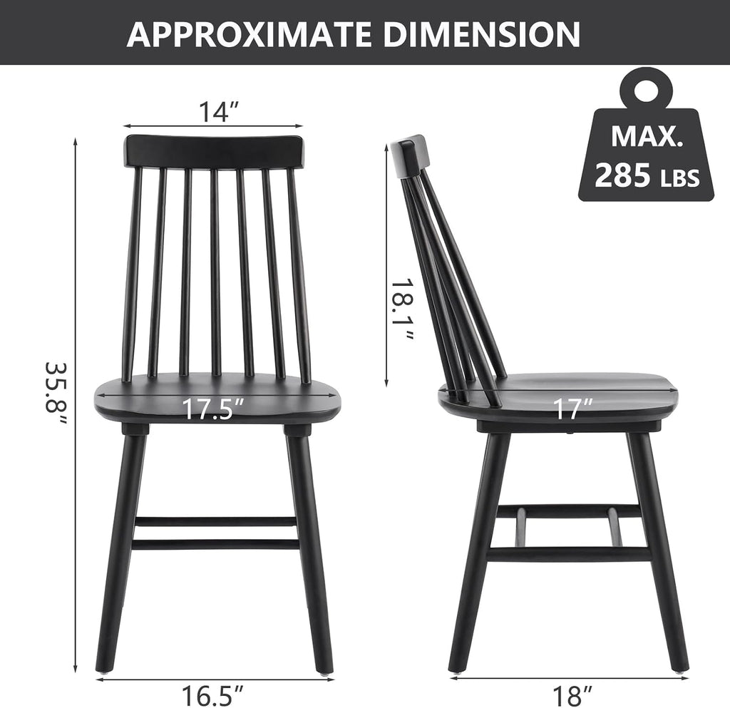 Black Dining Chairs Set of 6, 100% Solid Wood Farmhouse Kitchen Chairs, Armless Cottage Dinner Chair with Spindle Back, Windsor Dining Room Chairs for Kitchen (2 Boxes)