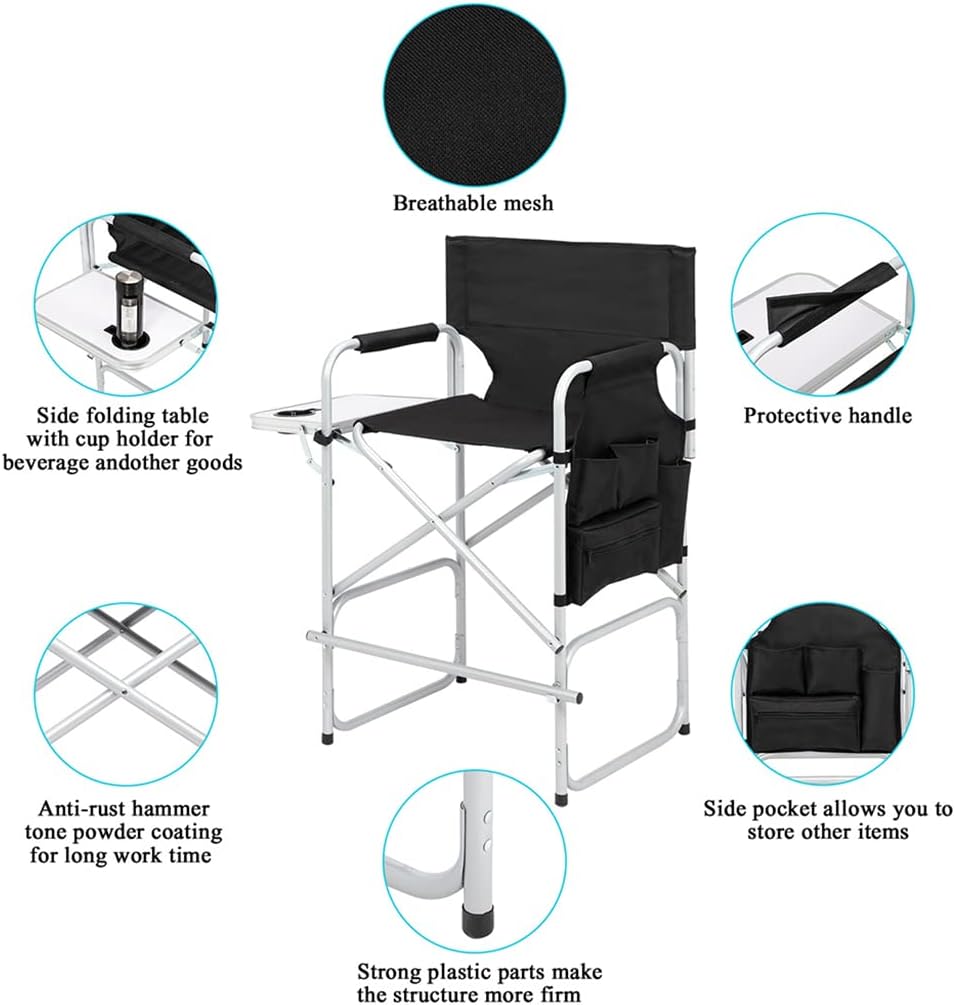 Tall Directors Chair, Portable Makeup Artist Chair with Side Table, Cup Holder, Storage Bag and Footrest, 41'' Seat Height Folding Camping Chairs for Tailgating Camp Lawn Picnic Fishing Beach