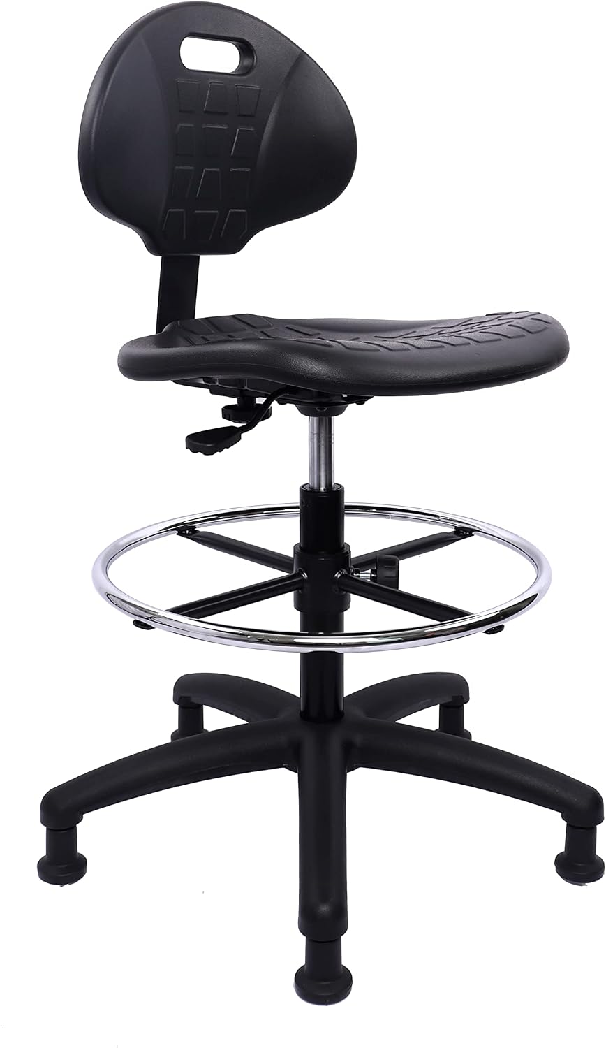 Heavy Duty Durable Drafting Stool - Easy to Clean! Ergonomic Polyurethane Chair. Seat Height Adjustable w/Footring for Home, Automotive, Lab, Cleanroom (Non-Rolling Glides, Tall Stool).