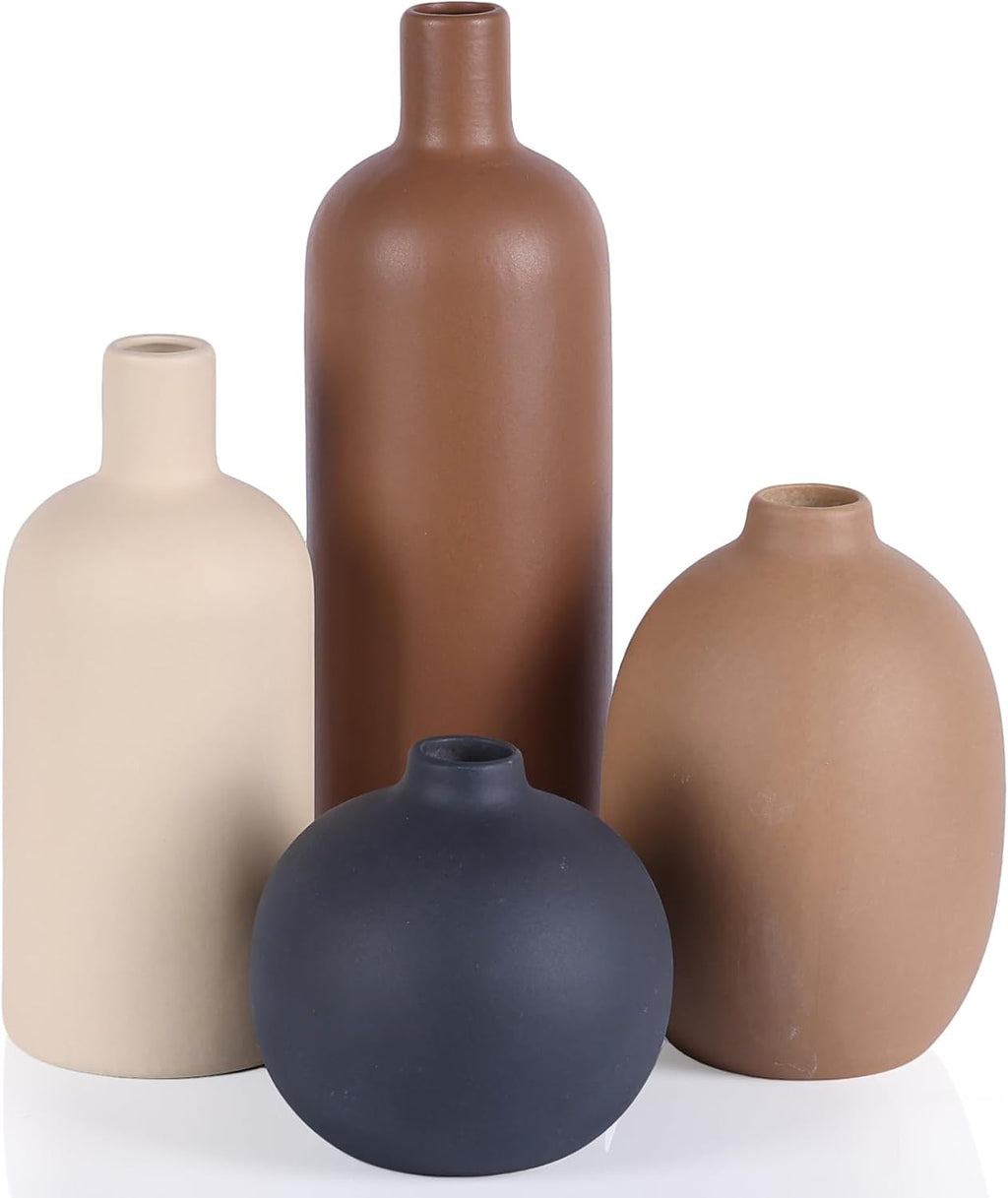 Ceramic Neutral Vase Set of 4 - Modern Decorative Flower Vases Home Decor, Rustic Farmhouse Table Decor for Living Room, Shelves, Entryway, Mantel, Boho Pottery Vases for Bouquets, Pampas, and Gifts