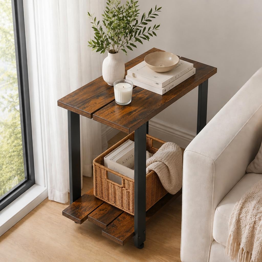 Transitional Narrow End Table, 2-Tier Rustic Side Table with Storage Shelves, Modern Farmhouse Industrial Nightstand for Living Room, Bedroom, Small Spaces, Couch, Rustic Brown