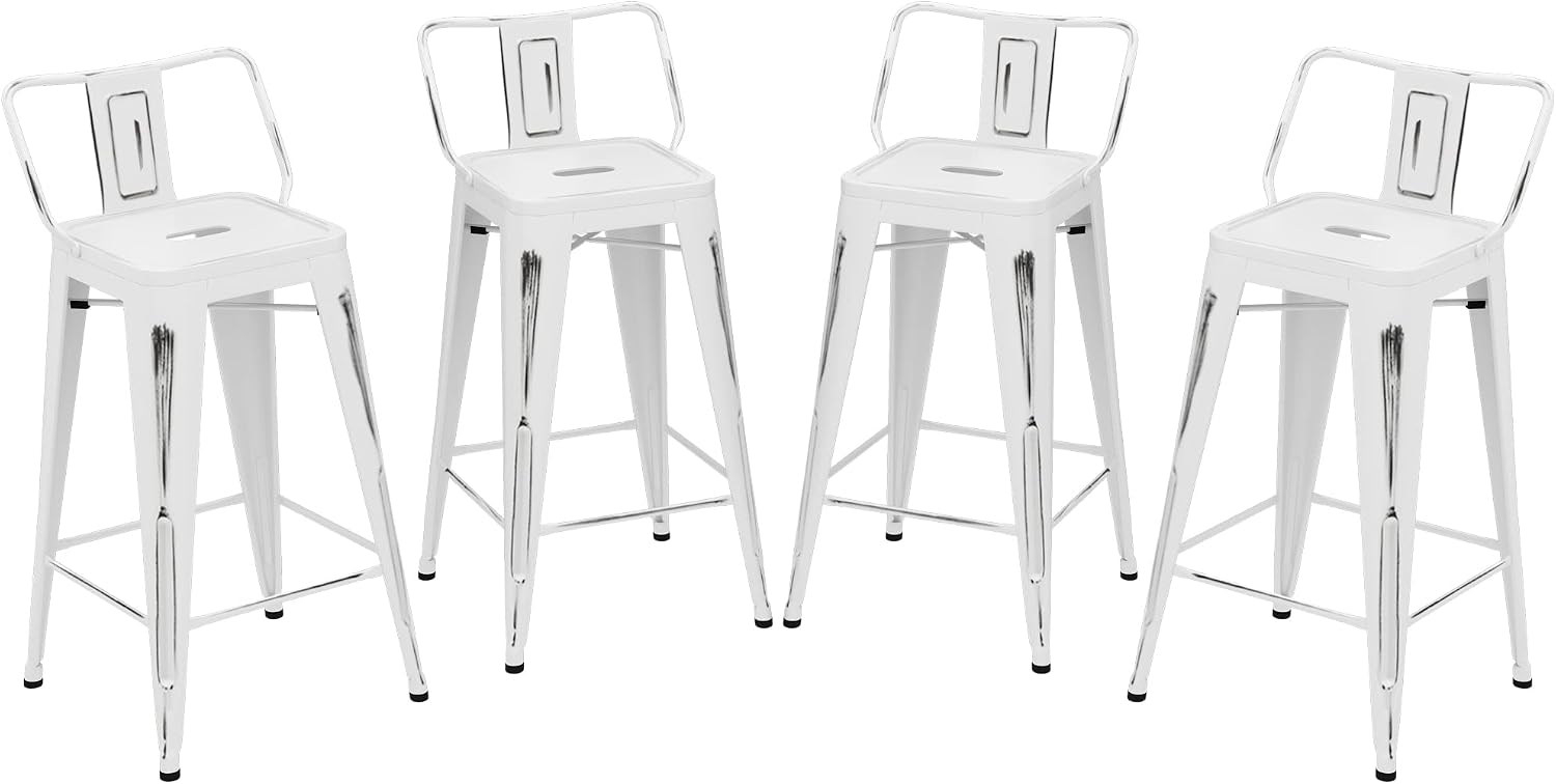 Andeworld Distressed Bar Stools Set of 4 Industrial Counter Stools Metal Barstools for Indoor-Outdoor (24 inch, White)