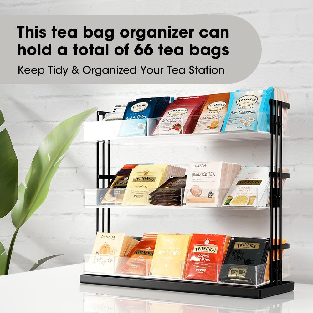 J JACKCUBE DESIGN Tea Bag Organizer Steel and Acrylic 3 Tier, 15 Compartment Tea Bags Sugar Packets Coffee Station Storage Holder for Cabinet Countertop Office (Black)- MK956A