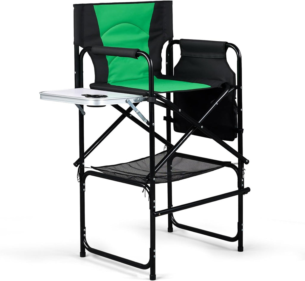 mefeir 45.7" Extra Tall Director Chair w/Side Table, Heavy-Duty Steel Frame Portable Folding Bar Stool w/Storage Pockets, for Makeup Artist, Salon, Studio, Camping, 300 lbs Capacity (Green)