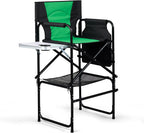 mefeir 45.7" Extra Tall Director Chair w/Side Table, Heavy-Duty Steel Frame Portable Folding Bar Stool w/Storage Pockets, for Makeup Artist, Salon, Studio, Camping, 300 lbs Capacity (Green)