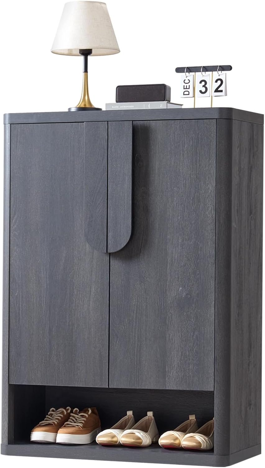 Shoe Cabinet 44" Tall Large Storage Organizer Modern Shoe Rack with Doors & 4 Shelves Minimalist Free Standing 5-Tier Cabinet for Entryway Hallway Living Room,Gray Black,1PC
