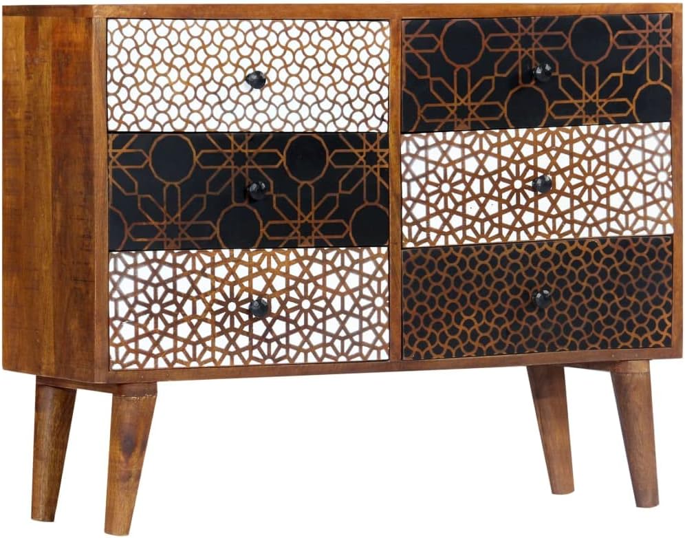 Mid-Century Modern Sideboard with Six Drawers, Solid Mango Wood and MDF Construction, Brown Lacquered Finish with Geometric Printed Patterns, Ample Storage for Dining