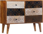 Mid-Century Modern Sideboard with Six Drawers, Solid Mango Wood and MDF Construction, Brown Lacquered Finish with Geometric Printed Patterns, Ample Storage for Dining