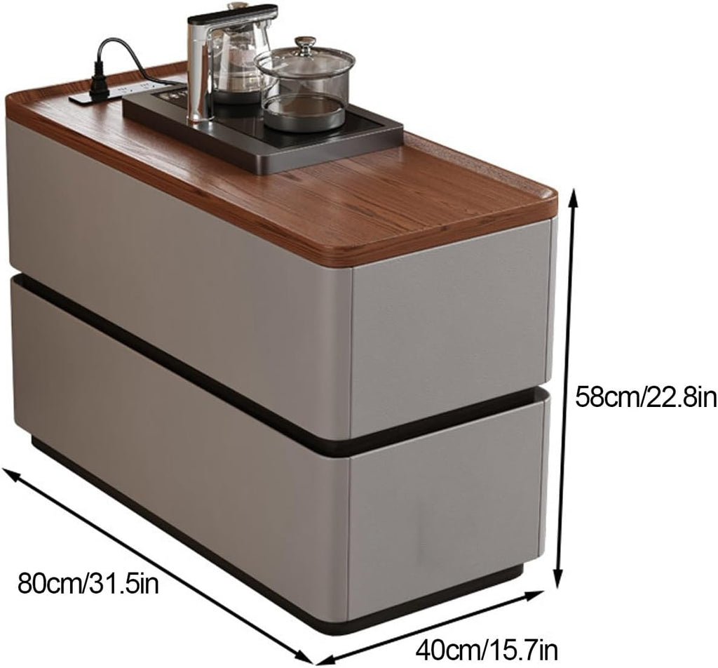 31.5" Modern Narrow Side Table for Sofa Bedside Nightstand with 2 Storage Drawers Solid Wood Frame Leather Wrapped for Living Room Bedroom Office(Gray,80x40cm/31.5x15.7in)