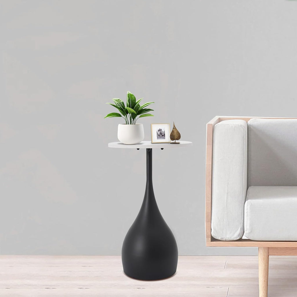 Small White End Table, 14" Marble Side Table with Black Metal Base Martini Table Round Accent Table for Small Spaces Living Rooms Bedrooms Balconies 21.65" Height (Black)