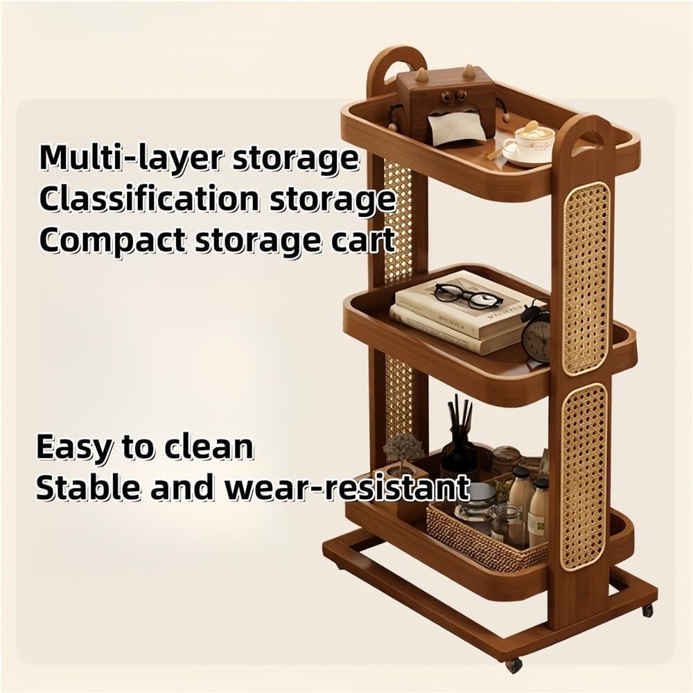 Rolling Sofa Table with Wheels Bamboo Rattan 2/3 Tier End Table Slim Rolling Cart for Kitchen Room Living Room Lightweight(Natural,L)