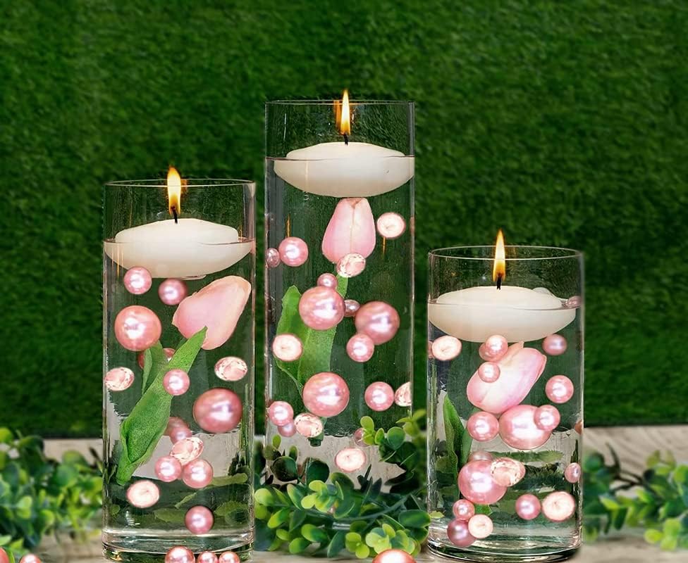100 Floating Light Pink Pearls with Pink Sparkling Gems- Large Sizes- Fills 2 Gallons for Your Vases- with Pre-Measured Prep Bags for Best Results!