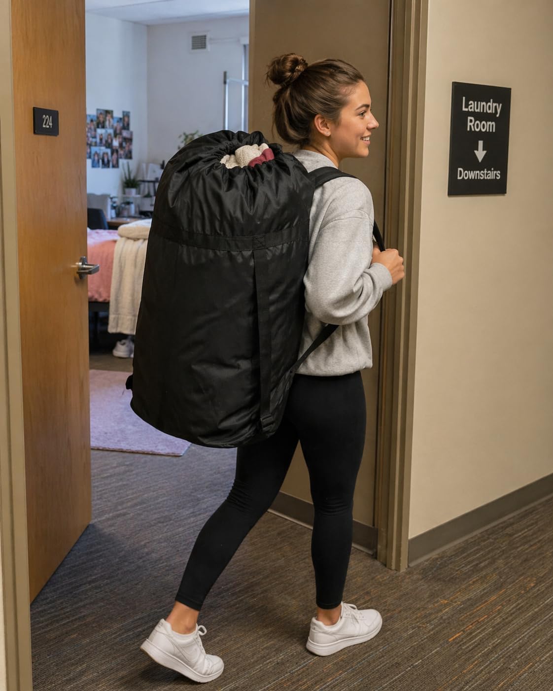 Dorm Room Essentials Set, 5-Piece College Dorm Essentials Kit for Girls & Guys, Laundry Backpack Hamper, Shower Caddy, Bedside Organizer, LED Light, Removable Wall Hooks