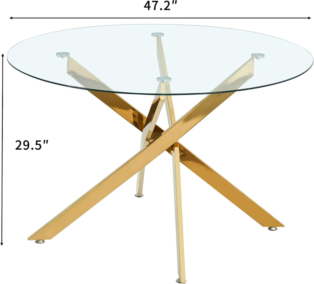 47" Round Glass Dining Table for 4-6, Circle Kitchen Table with Tempered Glass Top & Gold Metal Cross Legs, Modern Glass Dinner Table for Kitchen Dining Room Small Apartment