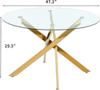 47" Round Glass Dining Table for 4-6, Circle Kitchen Table with Tempered Glass Top & Gold Metal Cross Legs, Modern Glass Dinner Table for Kitchen Dining Room Small Apartment