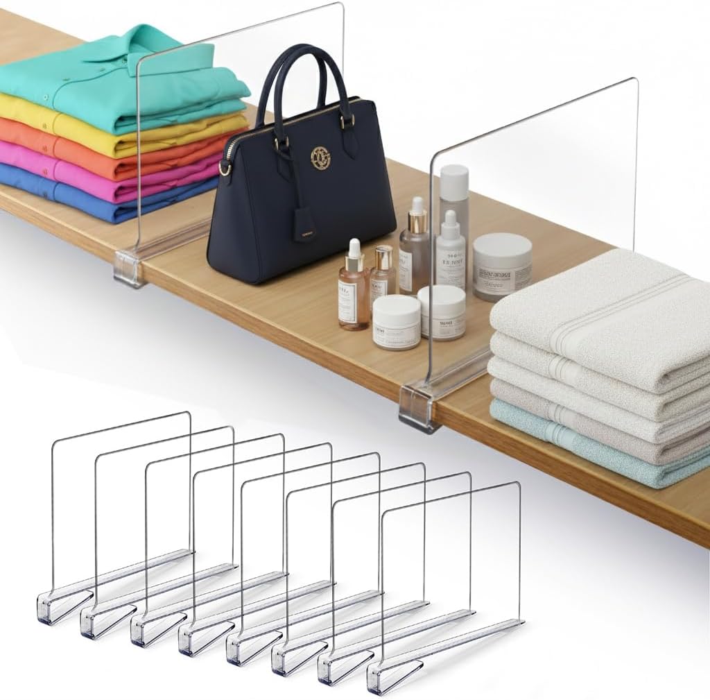 8 Pack Acrylic Shelf Dividers for Closet 11x7.9 Inch – Acrylic Dividers for Shelves Clear Closet Shelf Separators for Purses, Clothes Storage – Vertical Bookshelf Dividers for Bedroom & Kitchen