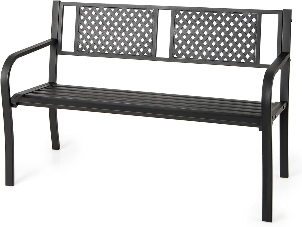 Giantex Metal Outdoor Bench with Mesh Pattern Backrest, Curved Armrests, 660Lbs Capacity, Slatted Seat for 2-3 Persons, Patio Bench for Yard, Poolside, Porch, Park, Garden (50"×23"×32",Black)