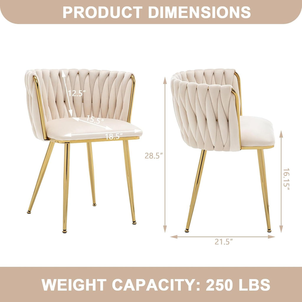 Dining Chairs Set of 6 Upholstered Dining Room Chairs Comfy Velvet Accent Chairs with Gold Metal Legs and Woven Back for Dining Room Kitchen Living Room (Beige)