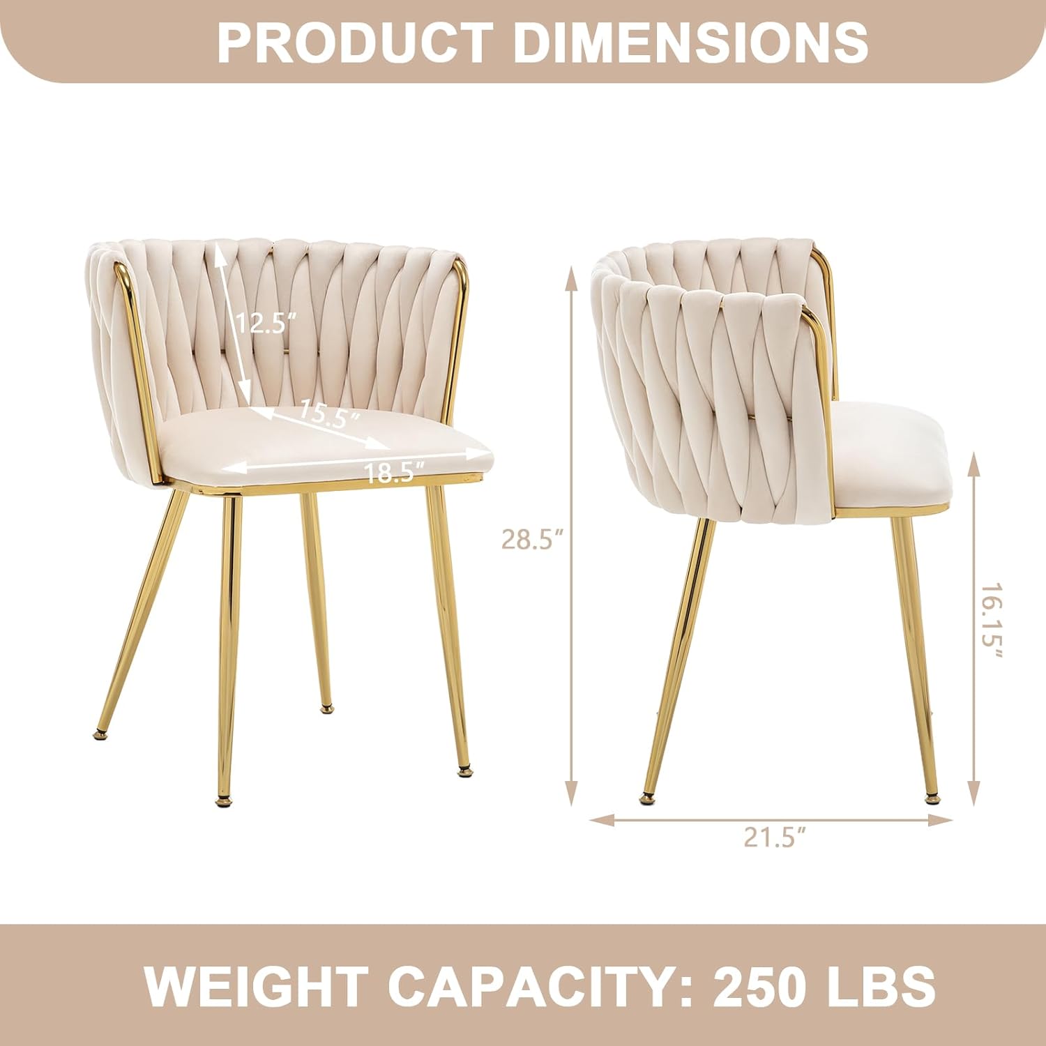 Dining Chairs Set of 6 Upholstered Dining Room Chairs Comfy Velvet Accent Chairs with Gold Metal Legs and Woven Back for Dining Room Kitchen Living Room (Beige)