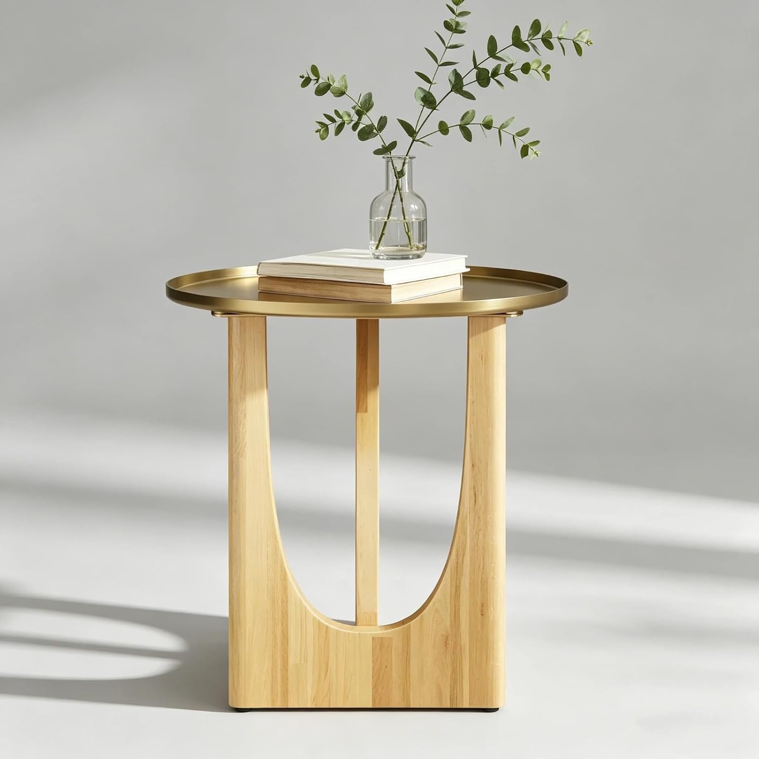 Gold End Tables Set of 3, Round Side Tables, Sofa Table with Wood Legs and Raised Edge Metal Top for Living Room, Bedroom, Bedside, Small Spaces, Easy Assembly, Natural