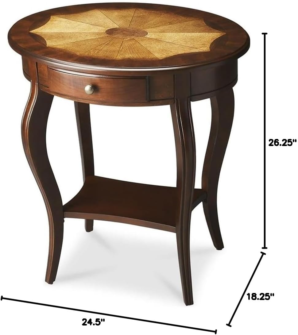 Beaumont Lane Traditional Oval Accent Table, Cherry Finish, Rubberwood and MDF Construction, 24.5"W x 18.25"D x 26.25"H, Lower Shelf, Working Drawer, Brass Hardware, Decorative Living Room Side Table