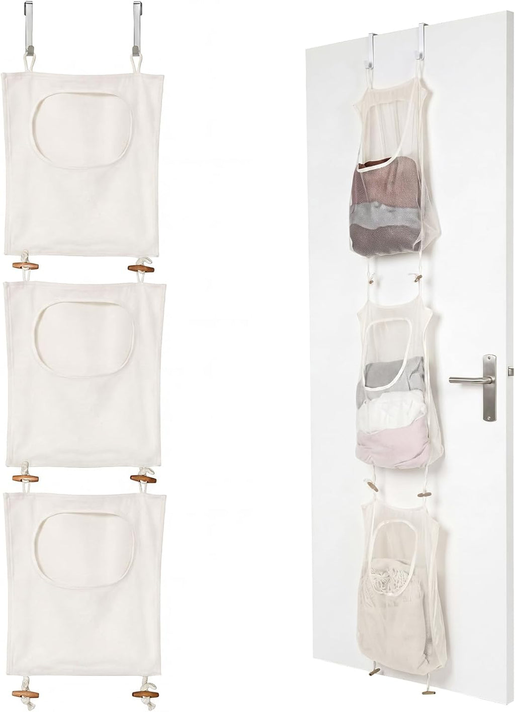 Tranqun 3 Pcs over the Door Hanging Laundry Hamper 65 x 19.7 Inches Mesh Laundry Hamper Bag Behind the Door Dirty Clothes Organizer with Hooks for Bathroom Camper Apartment College Dorm Room