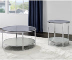 Pemberly Row Round Chrome and Tempered Glass End Table, Smoky Glass Top, Textured Mirrored Base, 22" W x 22" D x 24" H, Contemporary Style Side Table for Living Room or Bedroom Use