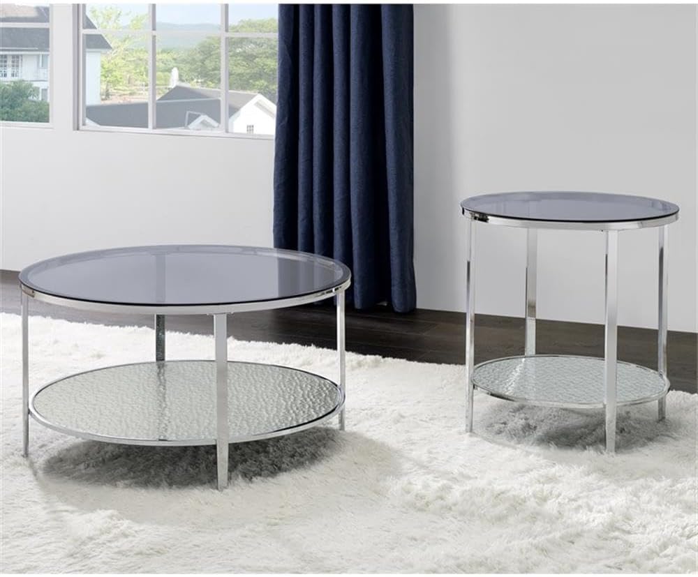 Pemberly Row Round Chrome and Tempered Glass End Table, Smoky Glass Top, Textured Mirrored Base, 22" W x 22" D x 24" H, Contemporary Style Side Table for Living Room or Bedroom Use