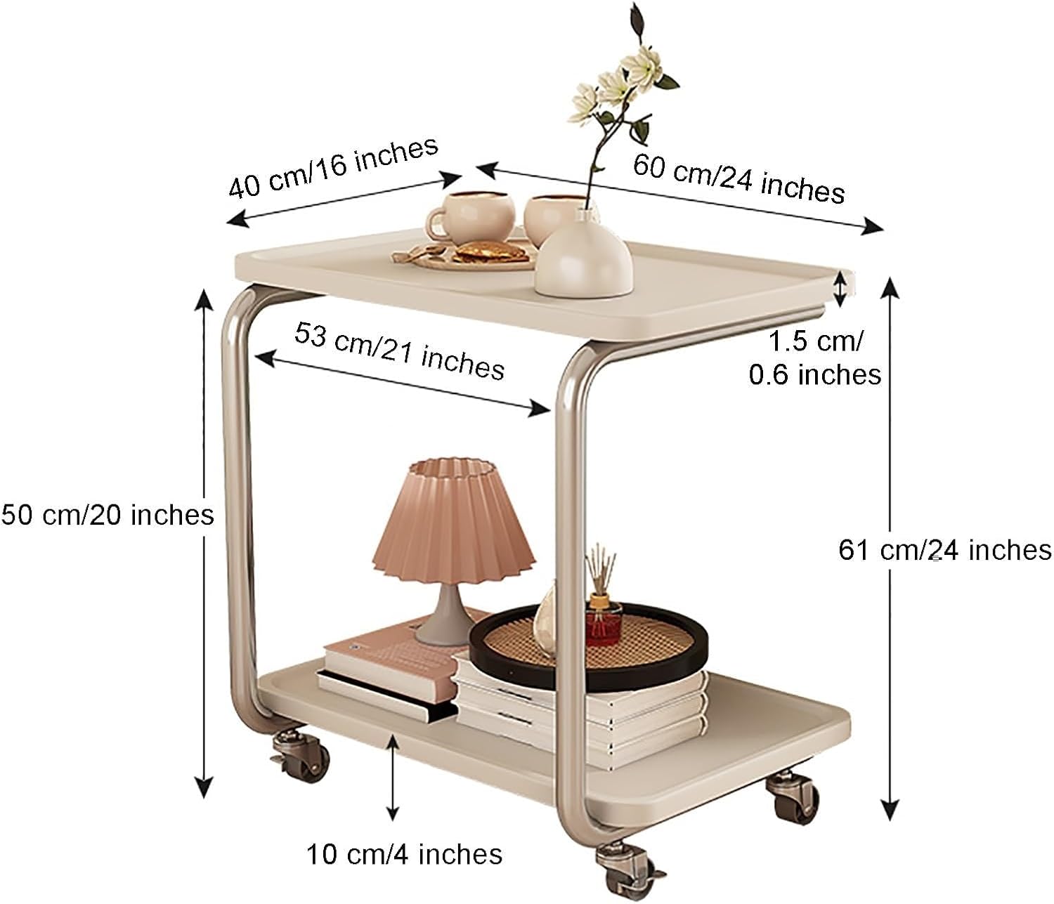 C Shaped End Table with Wheel TV Tray Sofa Table Metal Frame Waterproof Top Movable Laptop Side Table for Living Room Lightweight