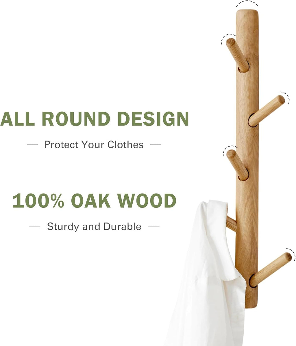 Vertical Coat Rack Wall Mounted - Height 28 Inches, Oak Wood Vertical Hat Rack for Wall with 7 Hooks, Modern Coat Rack Tree for Hanging Hats, Jackets, Bags in Entryway Bedroom Office