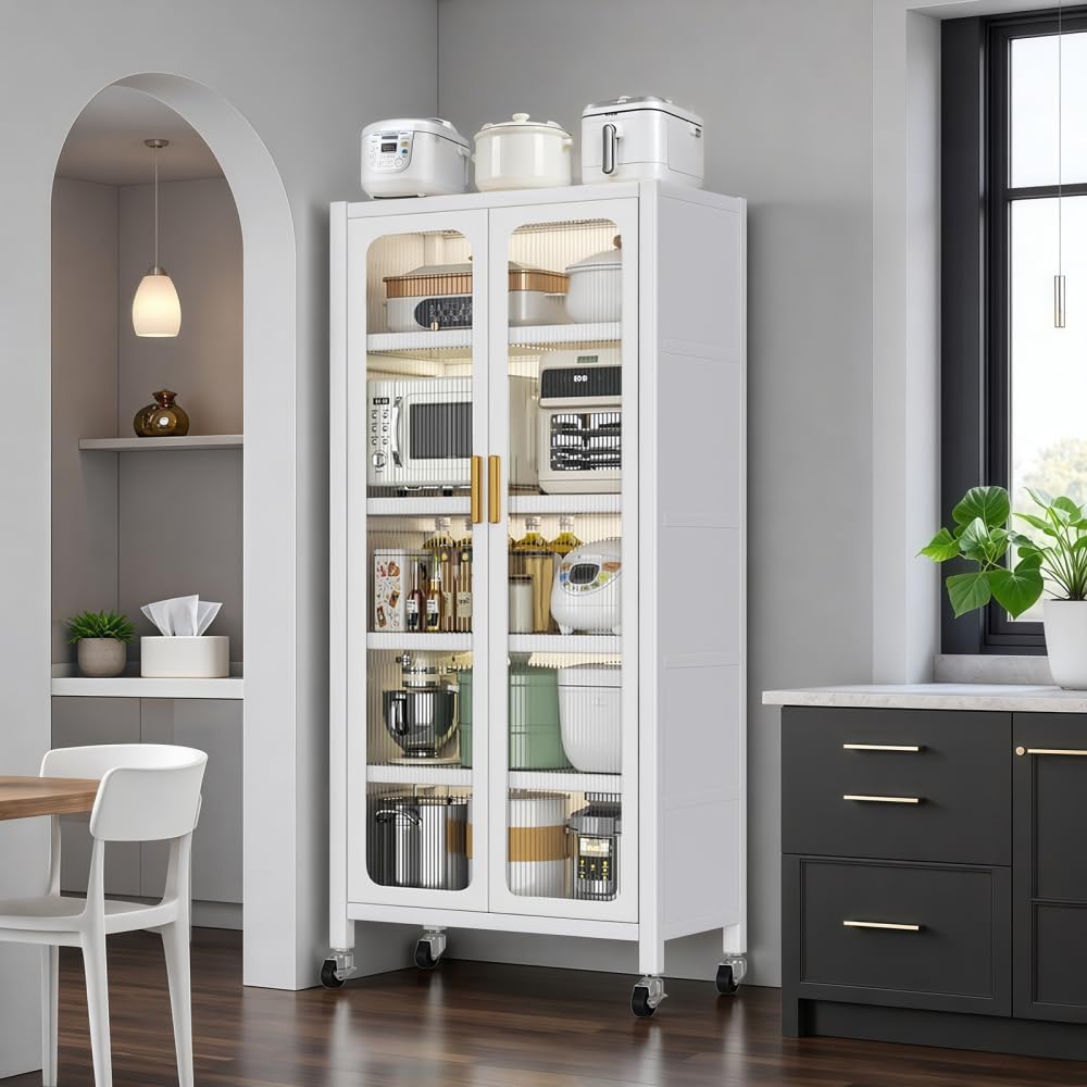 65" Kitchen Pantry Storage Cabinet - Metal 6-Tier Cabinet Transparent Doors with Wheels & Adjustable Shelves for Living Dining Room (White)