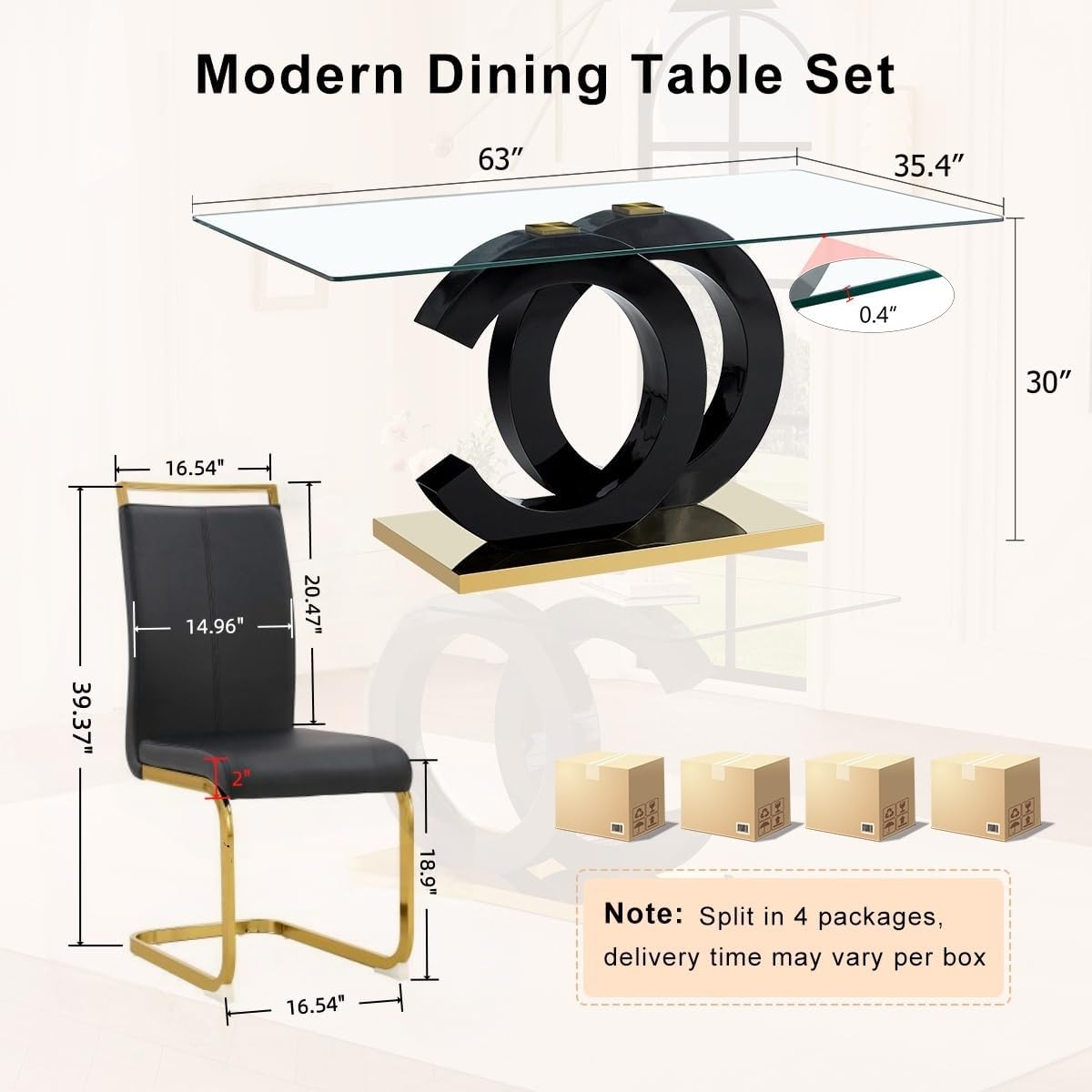 Ebullient Glass Dining Table Set for 6, Modern Tempered Glass Kitchen Table Set with OC Design Leg and Metal Base, 7 Piece Dining Table Set with 6 PU Leather Upholstered Chairs for Kitchen