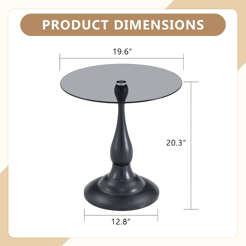 Modern Round Side Table, Gray Glass Top End Table with Black Metal Pedestal Base, Elegant Small Accent Side Tables for Living Room, Bedroom, Corner, and Office