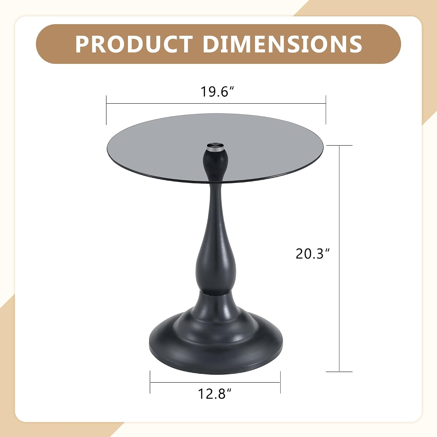 Modern Round Side Table, Gray Glass Top End Table with Black Metal Pedestal Base, Elegant Small Accent Side Tables for Living Room, Bedroom, Corner, and Office