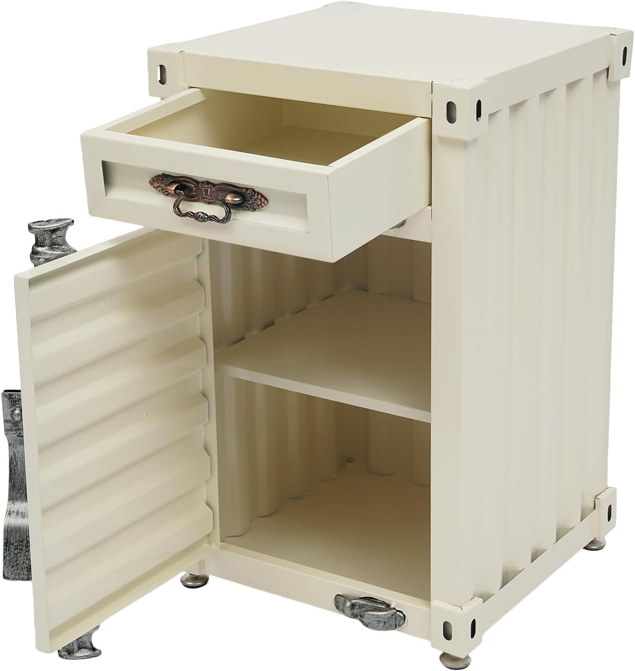 Industrial Wind Bedside Table, Container Style Locker Wrought, Iron Container Side Table with Metal Combination Lock for Living Room, Bar, Office (Creamy White, 12.6 x 12.6 x 19.69in)