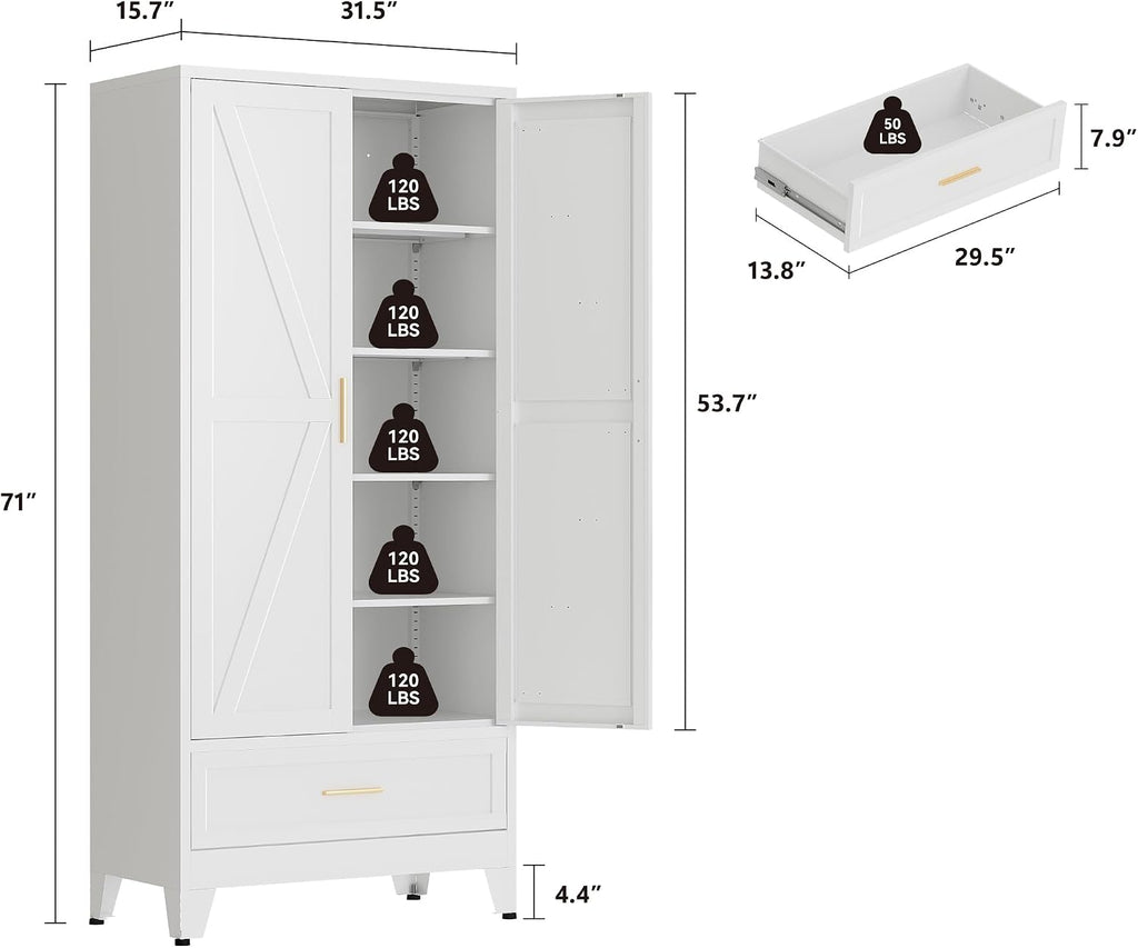 QINPTWUT 71" Storage Cabinet with Bottom Drawer, Pantry Cabinet in White with 2 Doors & 4 Adjustable Shelves, Freestanding Steel Cupboard for Garage, Home Office, Kitchen, Heavy-Duty Storage