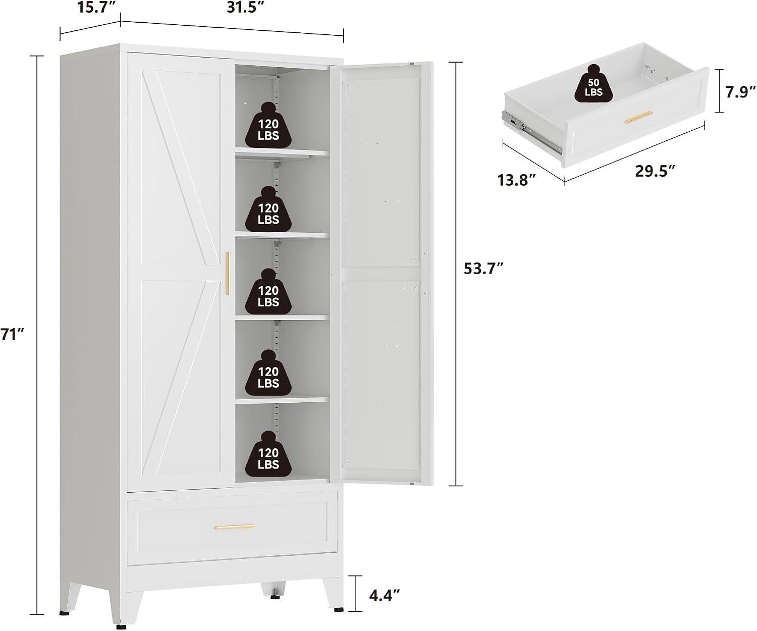 QINPTWUT 71" Storage Cabinet with Bottom Drawer, Pantry Cabinet in White with 2 Doors & 4 Adjustable Shelves, Freestanding Steel Cupboard for Garage, Home Office, Kitchen, Heavy-Duty Storage