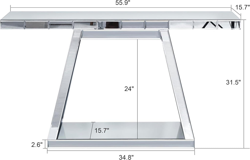 55.9" Full Body Mirror Entryway Table with Trapezoid Base 360° Reflective Console Table, Sturdy Wooden Frame, Scratch Resistant Open Storage for Hallway, Living Room, Staircase