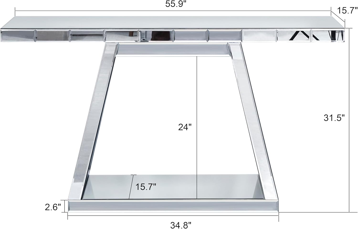 55.9" Full Body Mirror Entryway Table with Trapezoid Base 360° Reflective Console Table, Sturdy Wooden Frame, Scratch Resistant Open Storage for Hallway, Living Room, Staircase