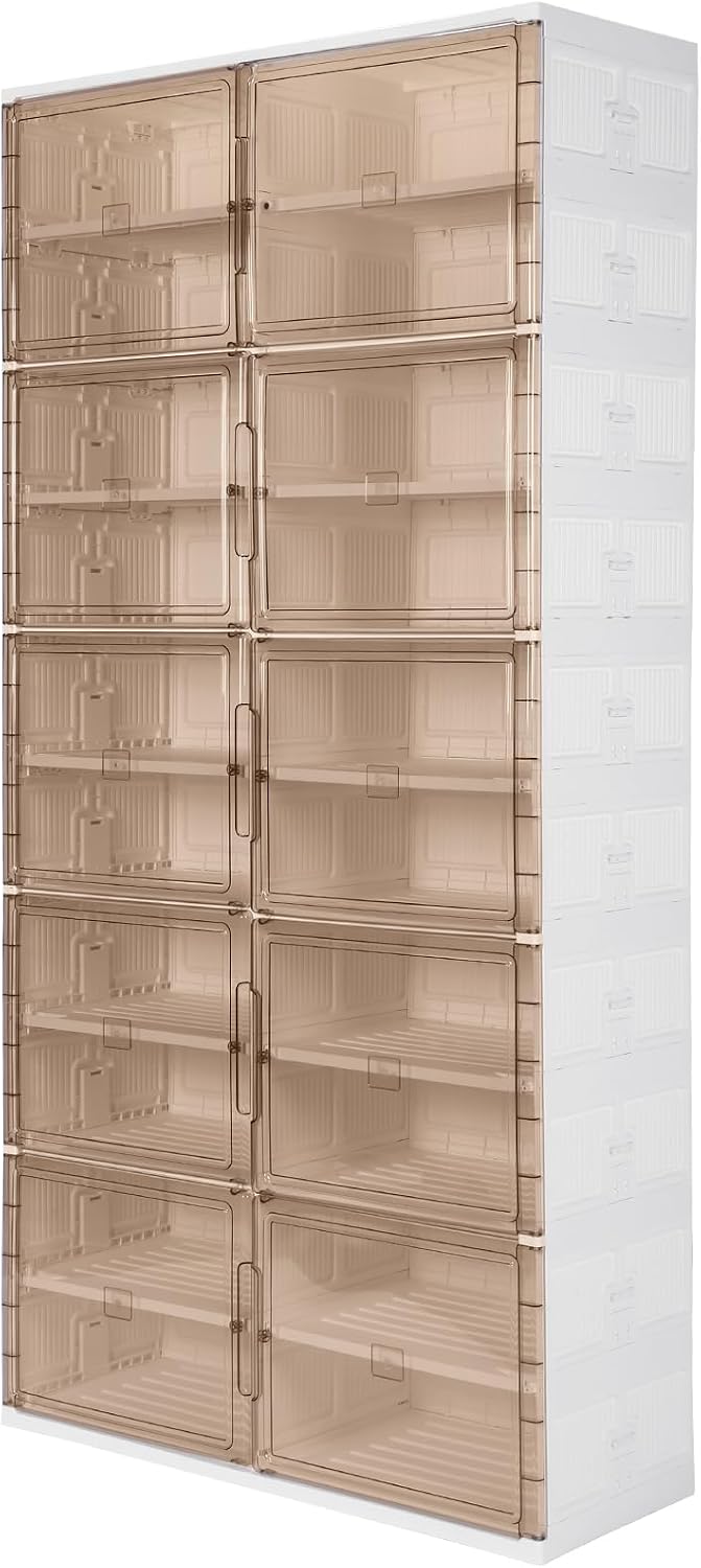 10 Tiers 40 Pairs Collapsible Shoe Rack Organizer with Doors Large Plastic Folding Shoe Cabinet for Closet Entryway Living Room