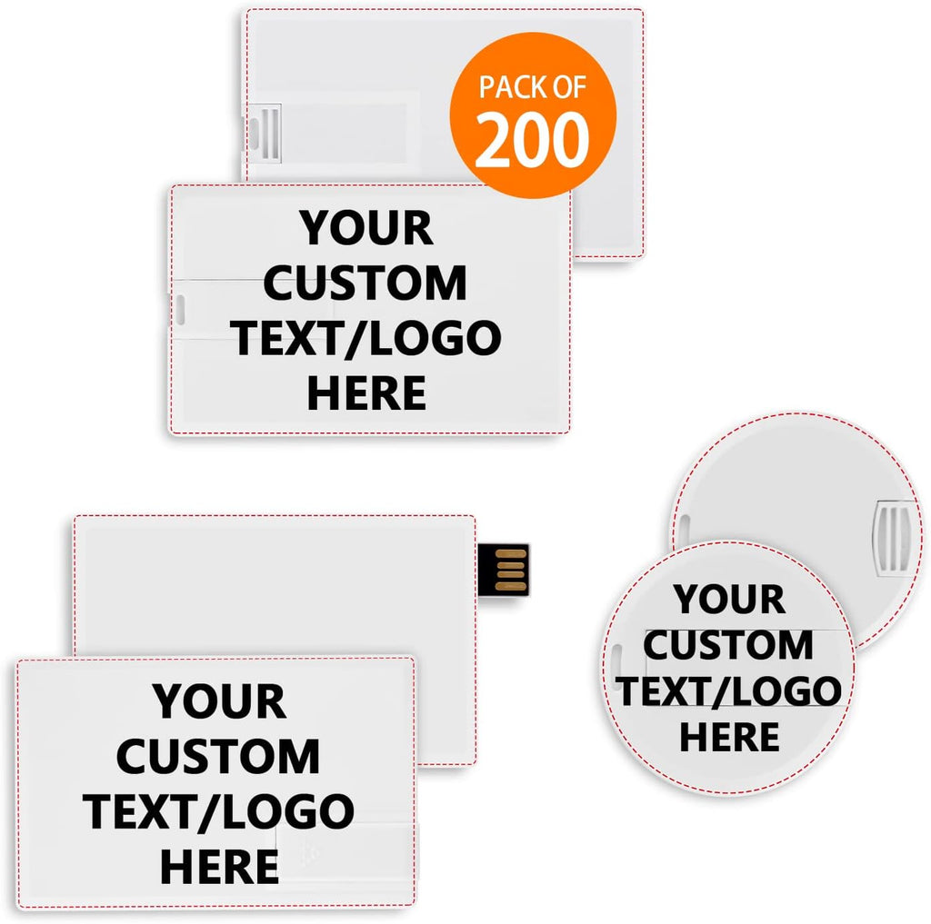 Custom Credit Card USB Flash Drives 200 Pack, Personalized Logo Text Bulk - as Corporate Gifts and Promotional Giveaways - Customizable 2GB