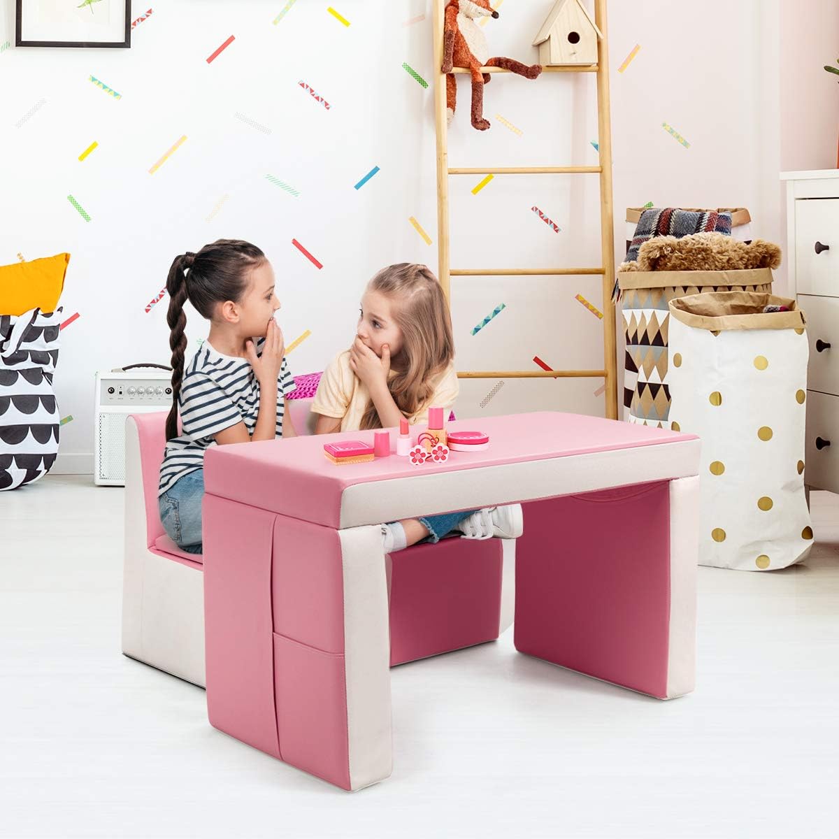 HONEY JOY 2-in-1 Convertible Kids Sofa, PVC Leather Toddler Couch Lounger Bed, Multifunctional Padded Armchair w/Wooden Frame, Double Seat with Storage Space