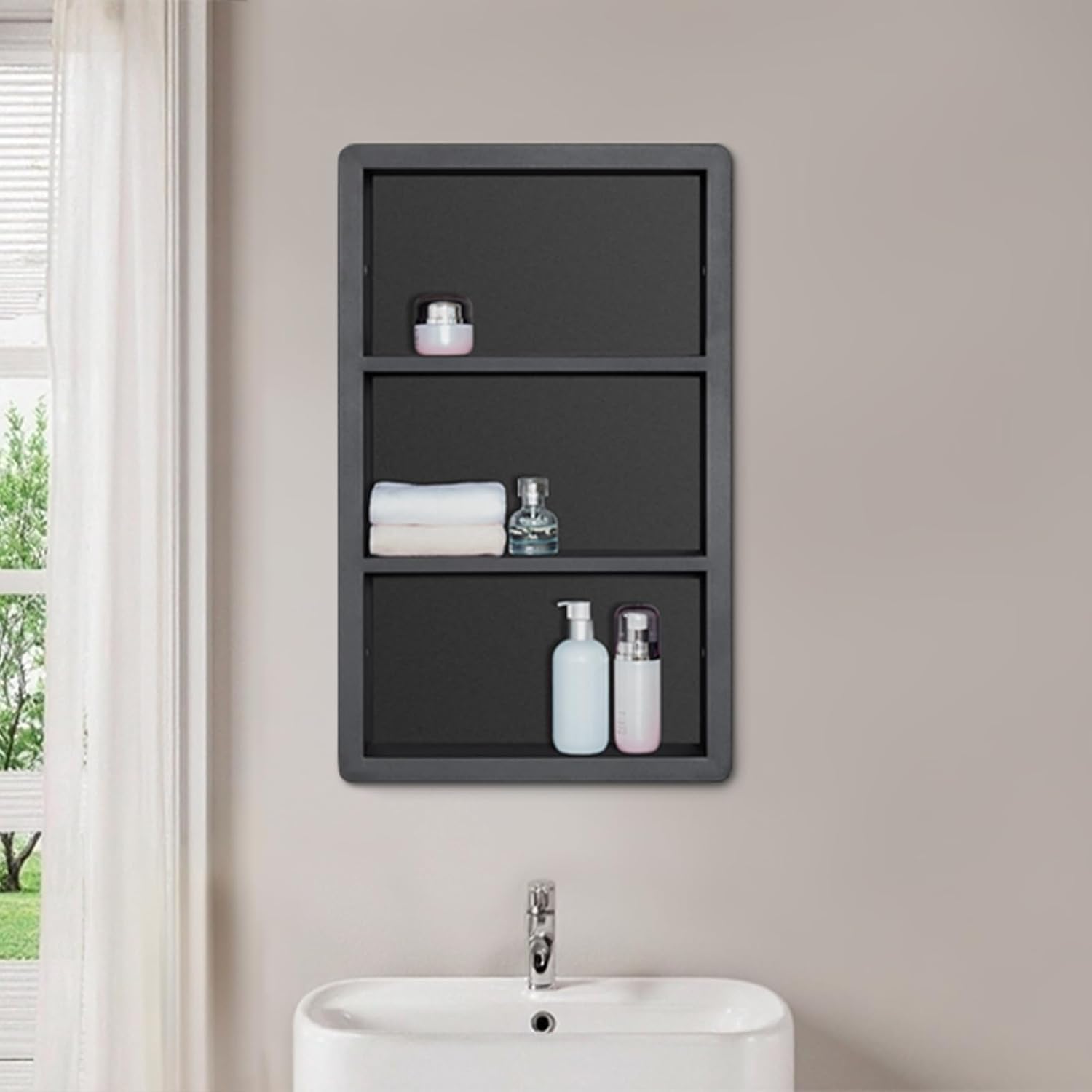 IDYLLOR Recessed Medicine Cabinet No Mirror - 14x24 Bathroom Storage Wall Cabinet with 2 Shelves, 304 Stainless Steel Shower Niche, Matte Black Waterproof for Bathroom, Toilet, Vanity