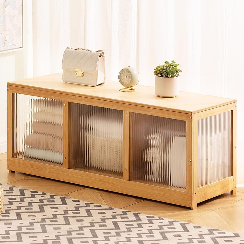 Bamboo Shoe Storage Bench with Acrylic Panels for Entryway | 39 Inch Long; 3 Compartments; Fluted See-Through Doors; Hinged Lid; Divided storage for Blankets, Toys, Bedroom, Living room