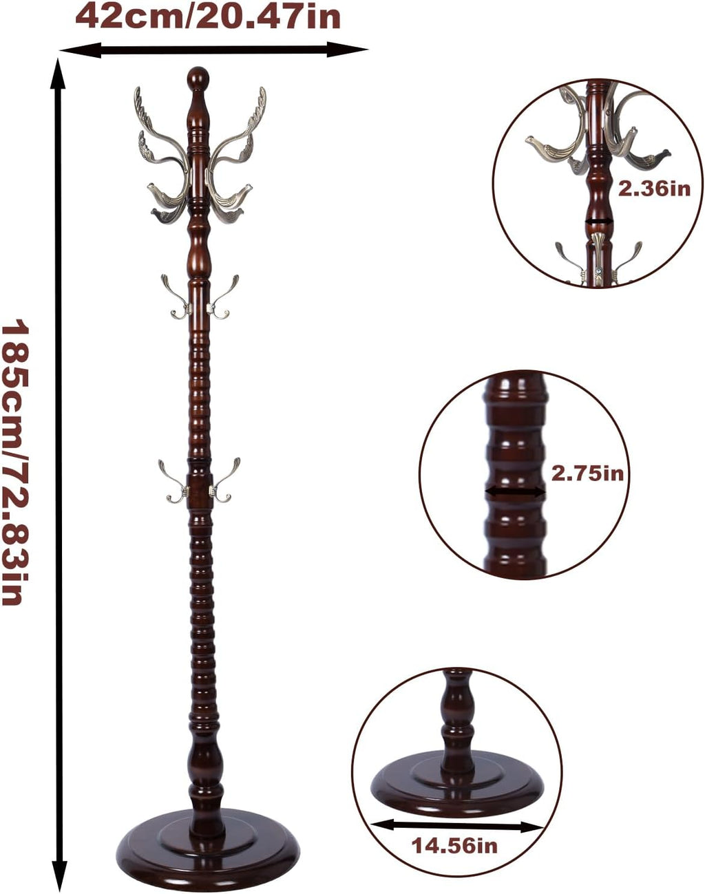 Coat Racks Free standing, Natural Wood Coat Rack Stand With 14 Hooks, Heavy Duty Adjustable Height Coat Racks For Entryway Hallway Foyer Office Bedroom (Redwood)